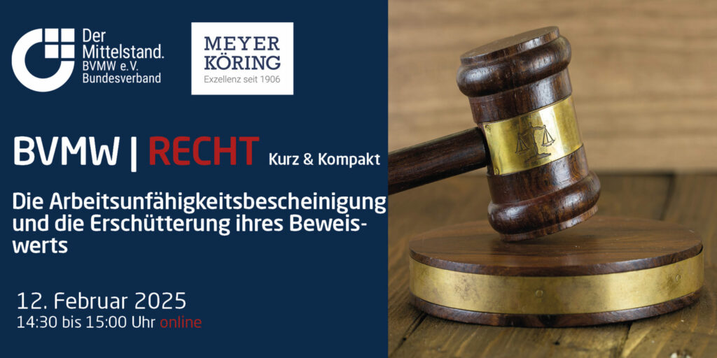 Im Vortrag beleuchtet Fachanwalt für Arbeitsrecht Christian Hrach von der Kanzlei Meyer-Köring, welche Anforderungen an die Arbeitsunfähigkeitsbescheinigung gestellt werden.